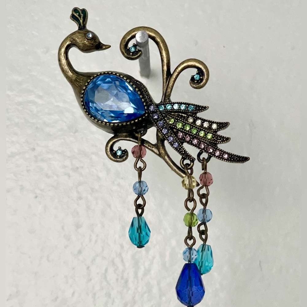 💰2/$25 Vintage Blue Crystal Peacock Brooch Pin Colorful Rhinestone Tail Feathers